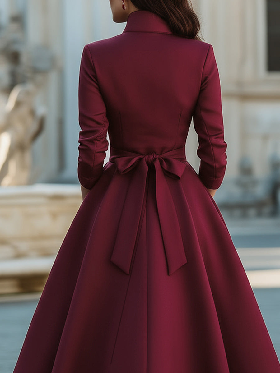 Olivia Bennet | Elegant Band Collar Button-Down Midi Dress With Belt