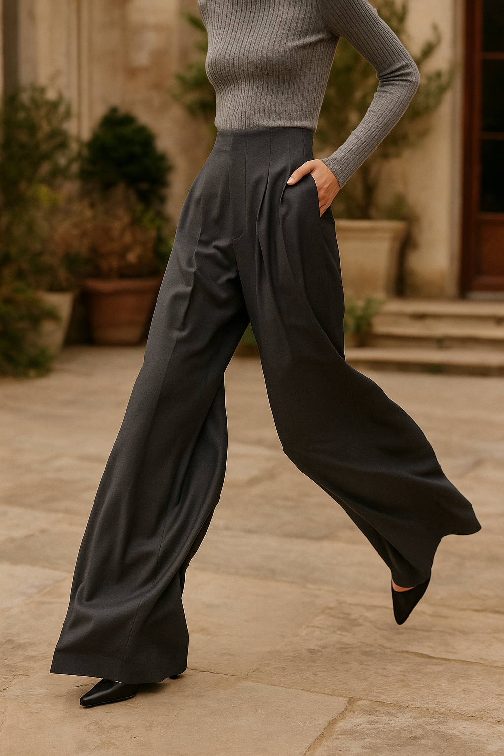 Olivia Bennet | Wide Leg Draped Pants for Women in Soft Fabric, Black