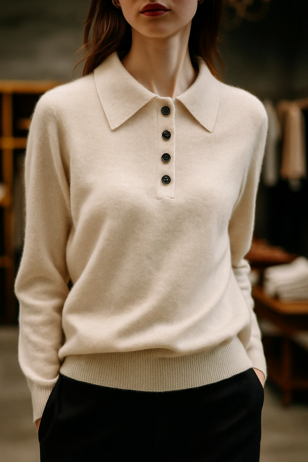Olivia Bennet | Wool Polo Sweater for Women in Natural Color