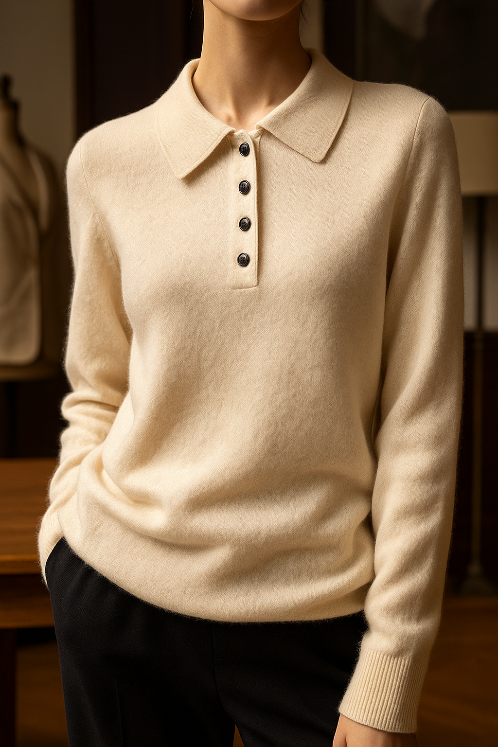 Olivia Bennet | Wool Polo Sweater for Women in Natural Color