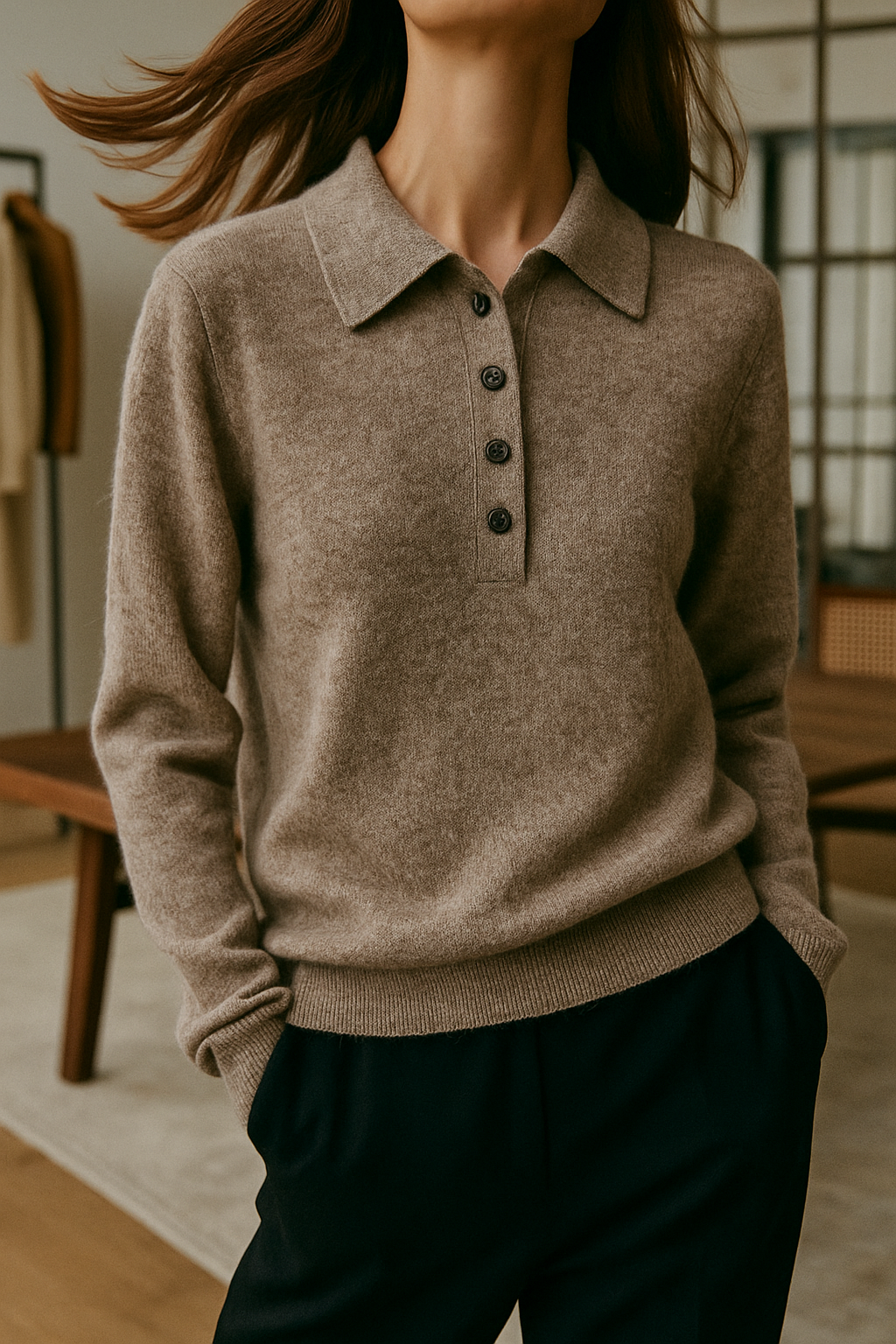 Olivia Bennet | Wool Polo Sweater for Women in Natural Color