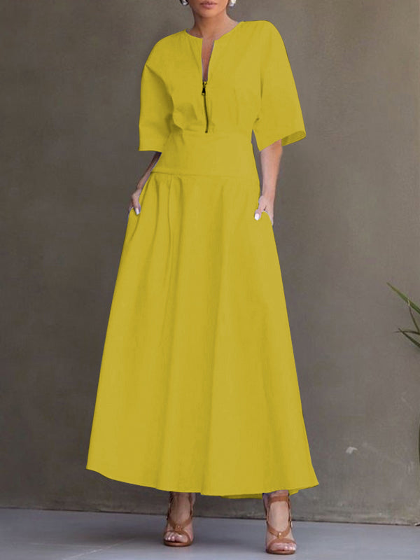 Olivia Bennet | Half Sleeves Loose Solid Color Zipper Round-Neck Maxi Dresses
