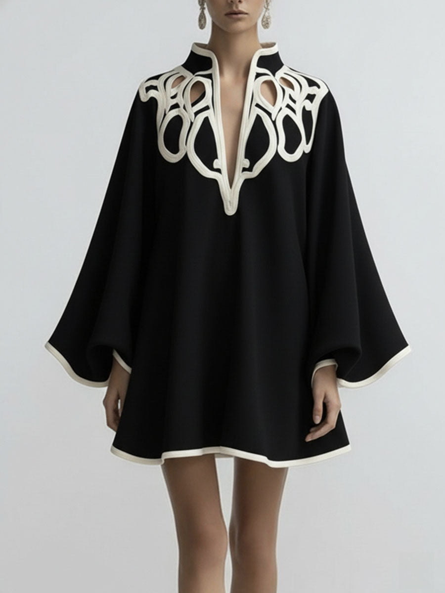 Olivia Bennet | Flared Sleeves Loose Contrast Color Hollow Stand Collar Mini Dresses