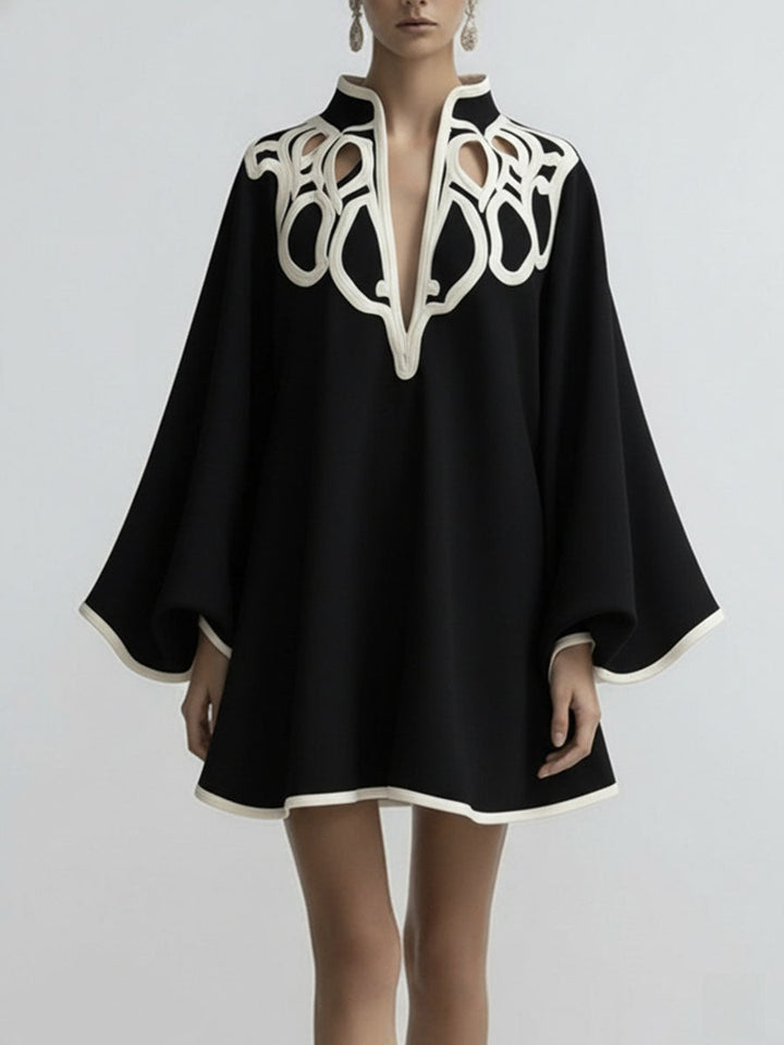 Olivia Bennet | Flared Sleeves Loose Contrast Color Hollow Stand Collar Mini Dresses