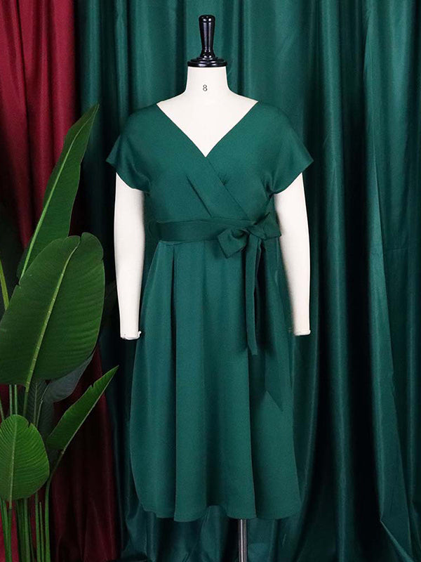 Olivia Bennet | Bowknot Lace-Up Solid Color V-Neck Midi Dresses