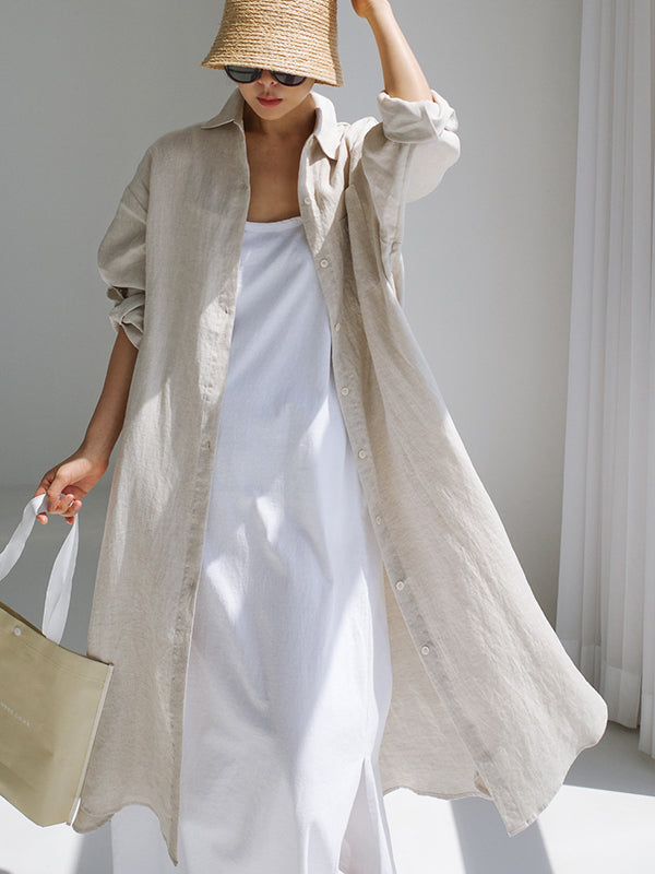 Olivia Bennet | Simple Long Sleeves Split-Side Solid Color Lapel Midi Dresses Shirt Dress