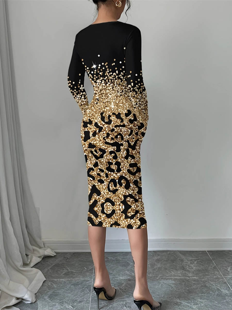 Olivia Bennet | Bodycon Long Sleeves Contrast Color Leopard Shiny Split-Joint Round-Neck Midi Dresses