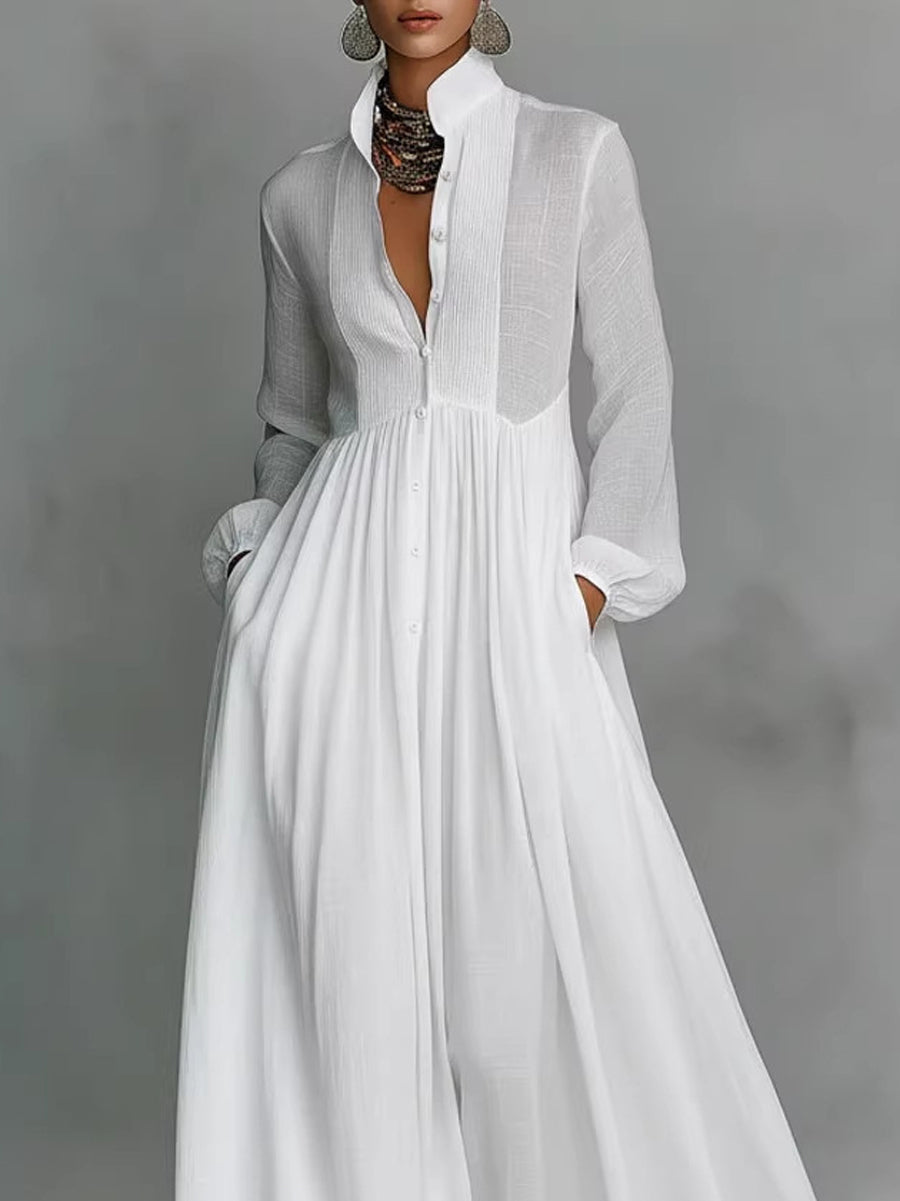 Olivia Bennet | A-Line High Waisted Buttoned Pleated Pockets Solid Color Split-Joint Stand Collar Maxi Dresses Shirt Dress