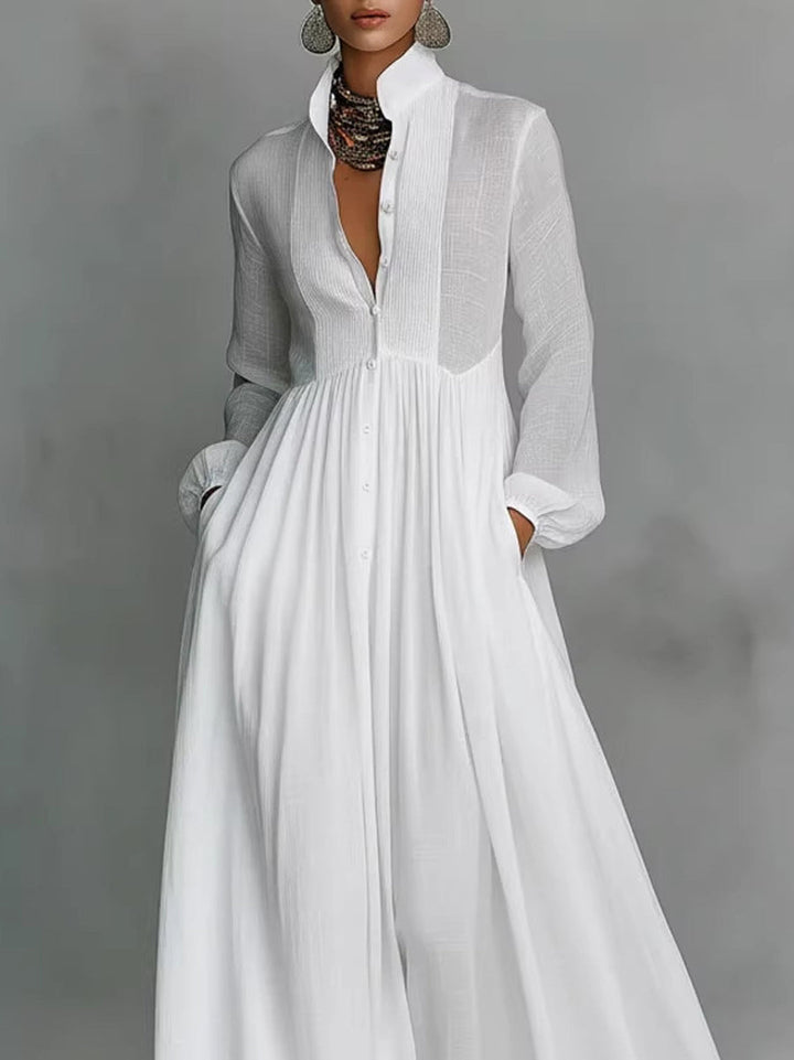 Olivia Bennet | A-Line High Waisted Buttoned Pleated Pockets Solid Color Split-Joint Stand Collar Maxi Dresses Shirt Dress