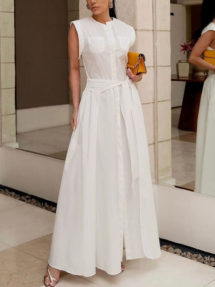 Olivia Bennet | Cap Sleeve Loose Buttoned Solid Color Split-Side Tied Waist Maxi Dresses Shirt Dress