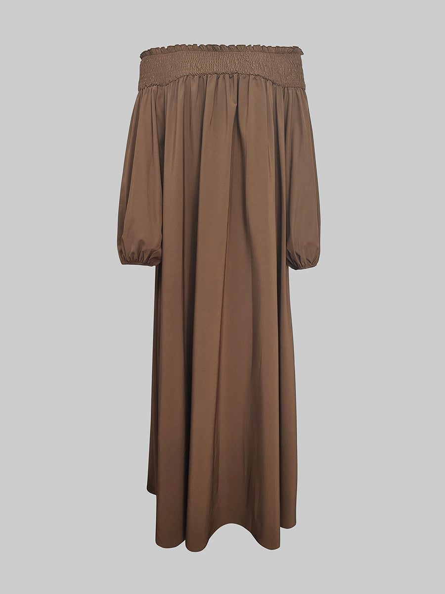 Olivia Bennet | Loose Puff Sleeves Elasticity Pleated Solid Color Off-The-Shoulder Maxi Dresses