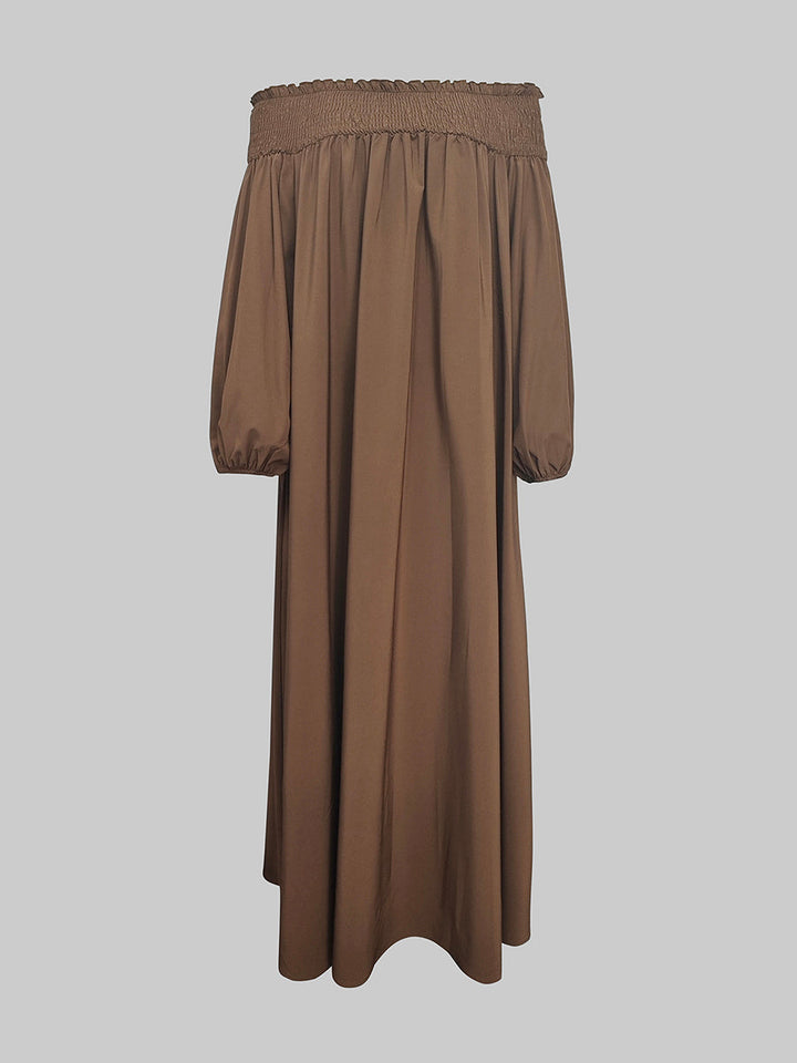 Olivia Bennet | Loose Puff Sleeves Elasticity Pleated Solid Color Off-The-Shoulder Maxi Dresses