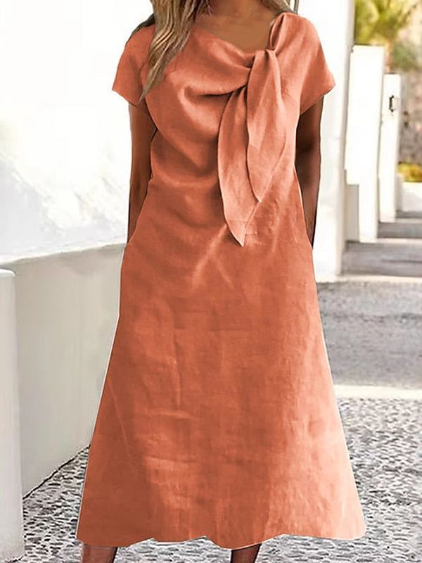 Olivia Bennet | Loose Raglan Sleeve Asymmetric Solid Color Split-Joint Round-Neck Midi Dresses