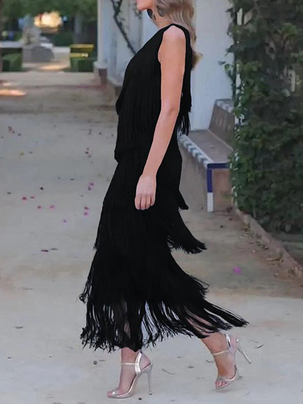 Olivia Bennet | Loose Sleeveless Asymmetric Solid Color Split-Joint Tasseled One-Shoulder Maxi Dresses