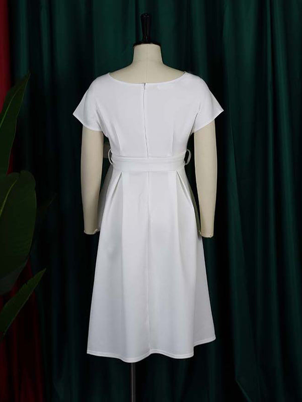 Olivia Bennet | Bowknot Lace-Up Solid Color V-Neck Midi Dresses