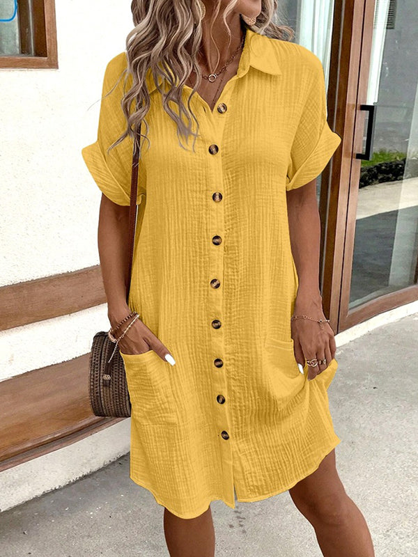 Olivia Bennet | Loose Short Sleeves Buttoned Pockets Lapel Mini Dresses