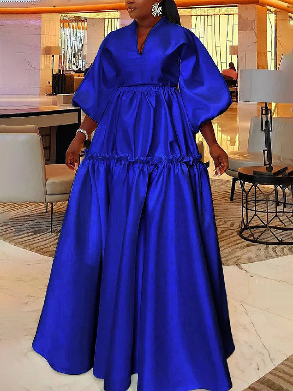 Olivia Bennet | High Waisted Puff Sleeves Falbala Solid Color V-Neck Maxi Dresses