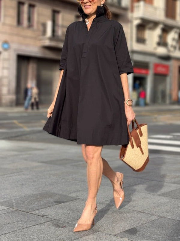 Olivia Bennet | A-Line Short Sleeves Solid Color Split-Joint Lapel Mini Dresses Shirt Dress
