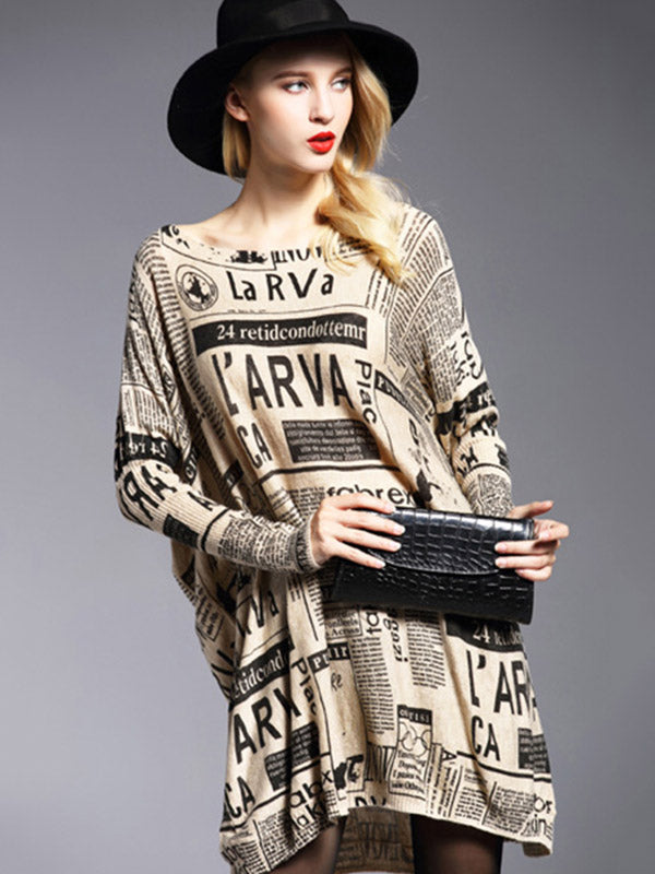 Olivia Bennet | Vintage Loose One-Shoulder Newspaper Printed Split-Joint Sweater