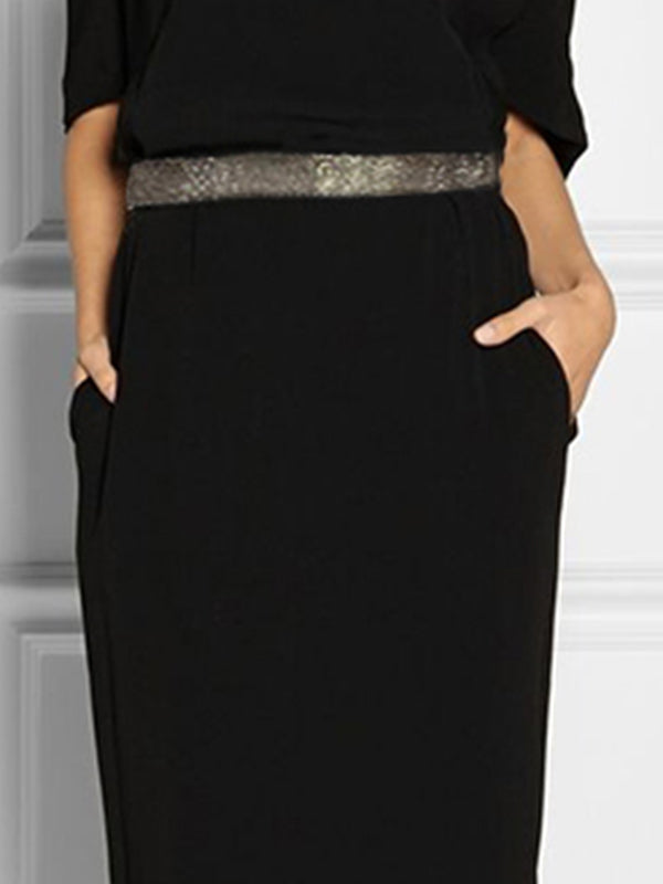 Olivia Bennet | Half Sleeves Loose Rhine Stones Split-Joint Round-Neck Maxi Dresses