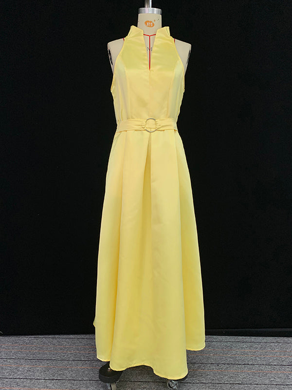 Olivia Bennet | A-Line Loose Belted Pleated Pockets Solid Color V-Neck Midi Dresses