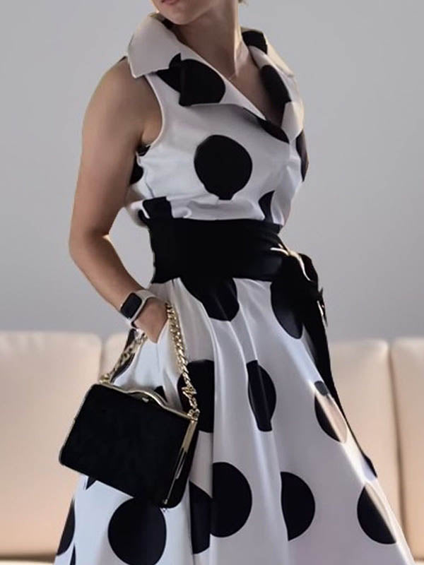 Olivia Bennet | A-Line Sleeveless Polka-Dot Split-Joint Tied Waist Lapel Maxi Dresses Shirt Dress