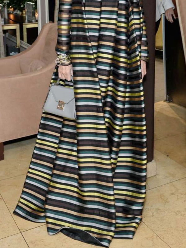 Olivia Bennet | Long Sleeves Loose Multi-Colored Pleated Striped High Neck Maxi Dresses