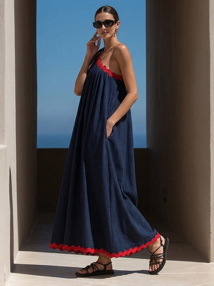 Olivia Bennet | A-Line Loose Pleated Pockets Split-Joint Tied One-Shoulder Maxi Dresses