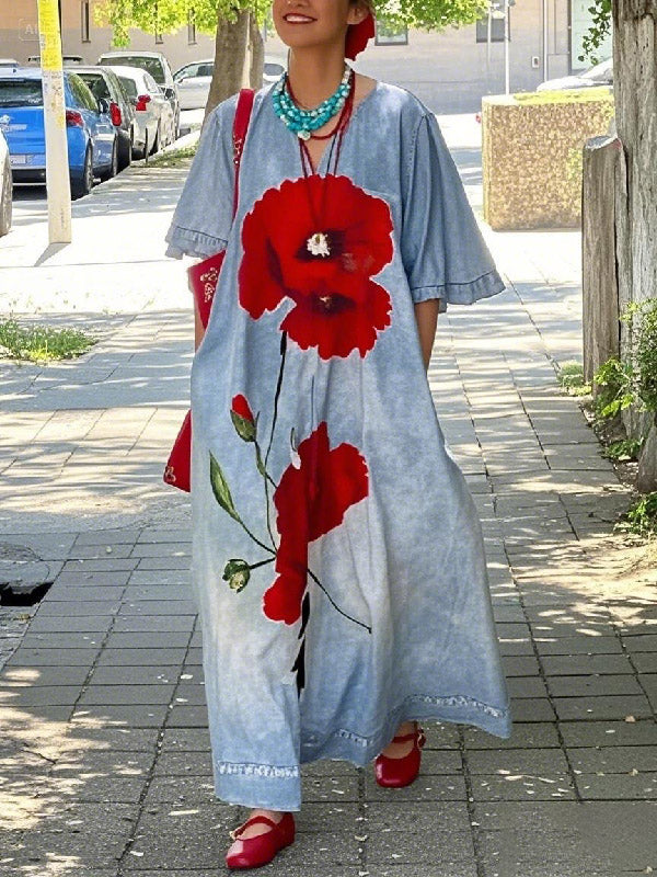 Olivia Bennet | Half Sleeves Loose Flower Print V-Neck Maxi Dresses