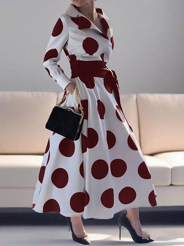 Olivia Bennet | A-Line Long Sleeves Pockets Polka-Dot Tied Waist Notched Collar Maxi Dresses
