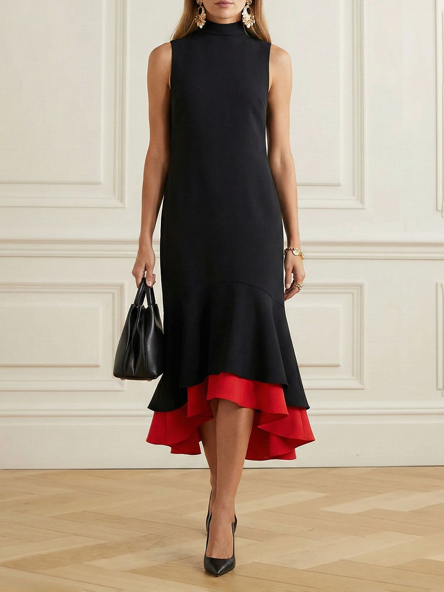 Olivia Bennet | Loose Sleeveless Contrast Color Split-Joint Tiered High Neck Evening Dresses Midi Dresses