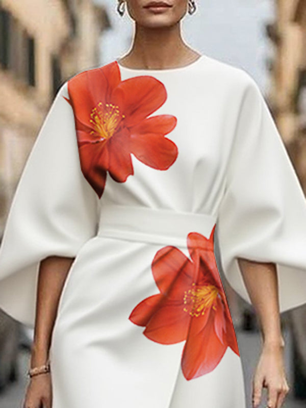 Olivia Bennet | Three-Quarter Sleeves Asymmetric Floral Printed Split-Joint Round-Neck Midi Dresses