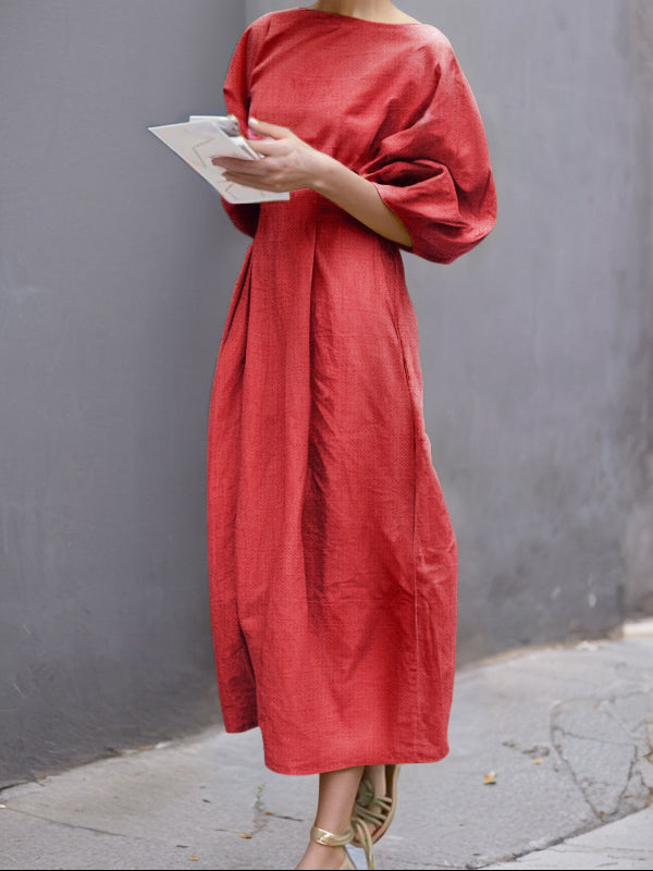 Olivia Bennet | Half Sleeves Loose Solid Color Round-neck Maxi Dresses