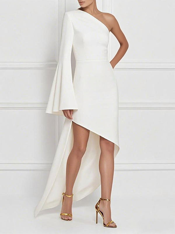 Olivia Bennet | High-Low Long Sleeves Asymmetric Solid Color One-Shoulder Maxi Dresses