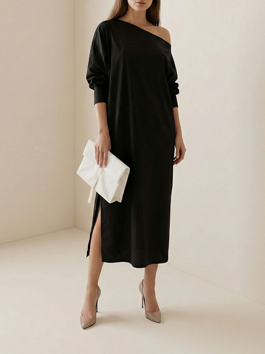 Olivia Bennet | Long Sleeves Loose Solid Color Split-Side One-Shoulder Midi Dresses