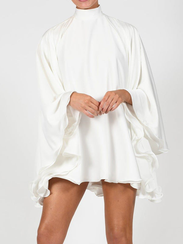 Olivia Bennet | Solid Color High-Neck Backless Flared Sleeves Mini Dress