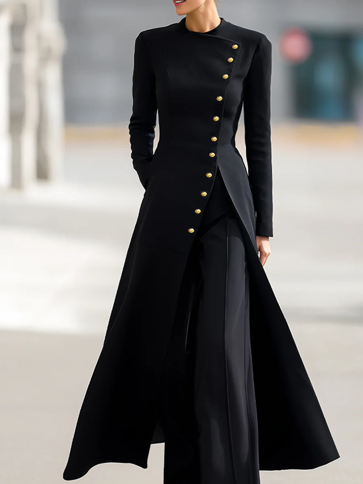 Olivia Bennet | High Waisted Long Sleeves Buttoned Solid Color Split-Front Round-Neck Midi Dresses