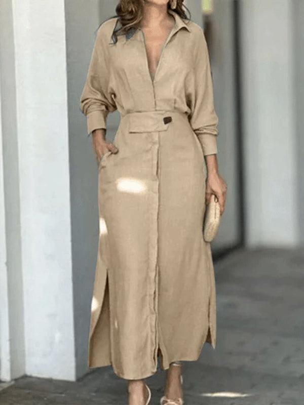 Olivia Bennet | Long Sleeves Loose Split-Joint Split-Side V-Neck Maxi Dresses Shirt Dress