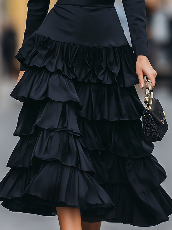 Olivia Bennet | Mock Neck Tiered Ruffle Chiffon Midi Dress