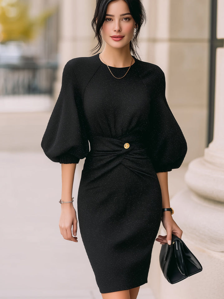 Olivia Bennet | Puff-Sleeve Waist-Twist Knit Midi Dress