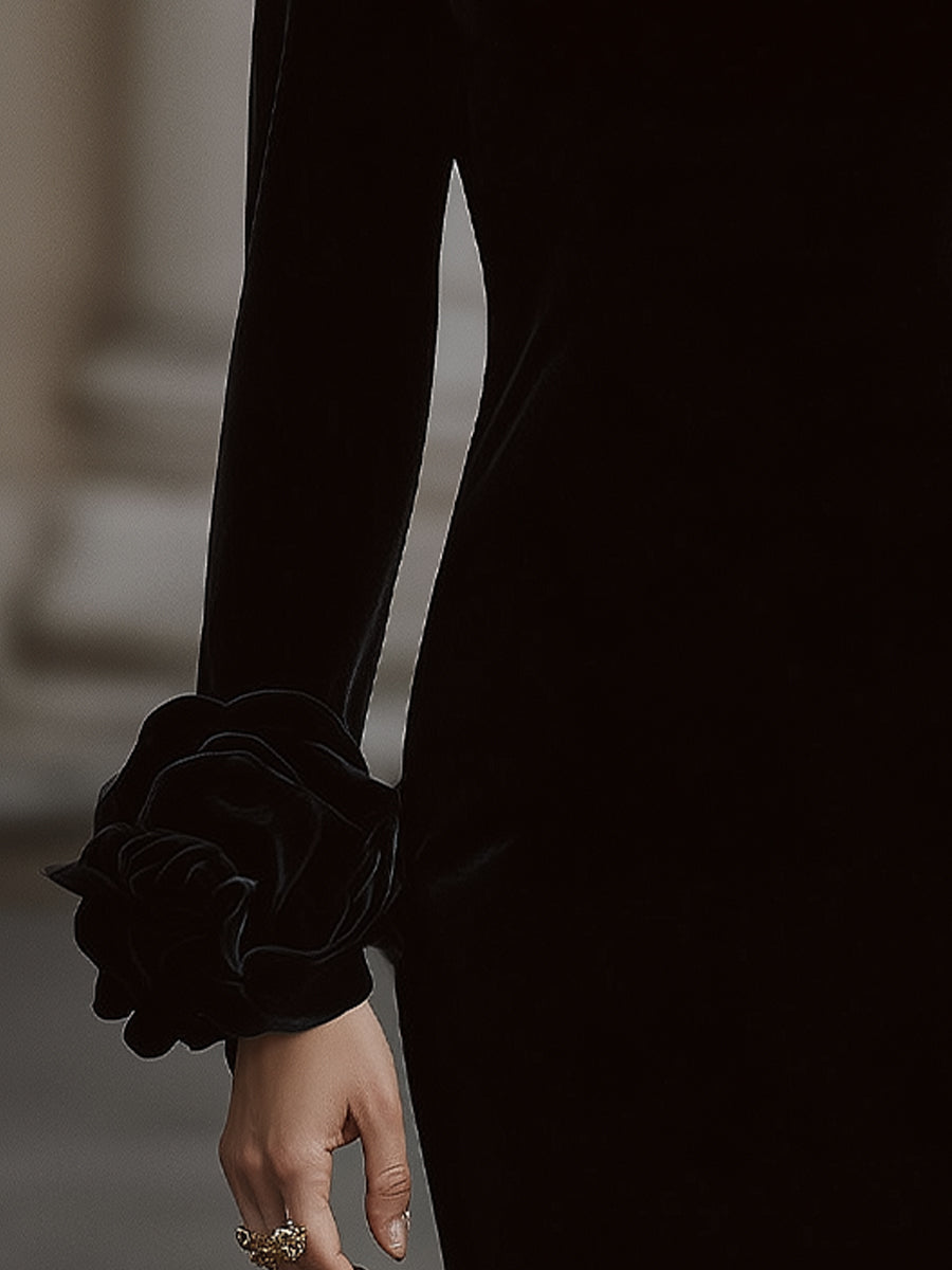 Olivia Bennet | Embellished Neckline, Floral Cuff Velvet Mini Dress