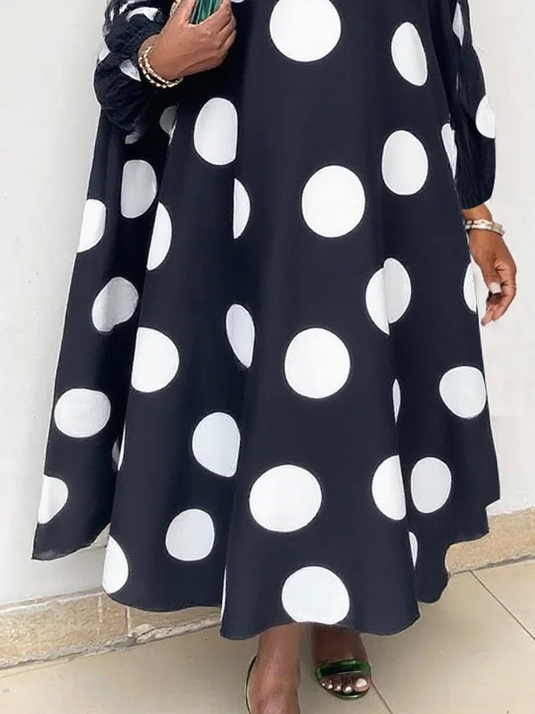 Olivia Bennet | Long Sleeves Loose Contrast Color Polka-Dot Round-Neck Maxi Dresses