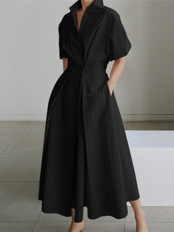 Olivia Bennet | High Waisted Loose Pleated Solid Color V-Neck Midi Dresses