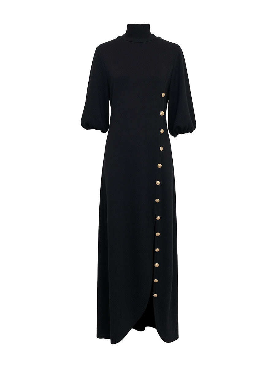 Olivia Bennet | Loose Puff Sleeves Buttoned Split-side Mock Neck Maxi Dresses