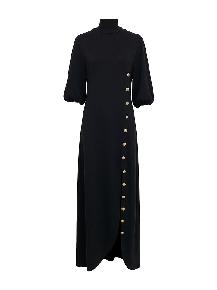 Olivia Bennet | Loose Puff Sleeves Buttoned Split-side Mock Neck Maxi Dresses