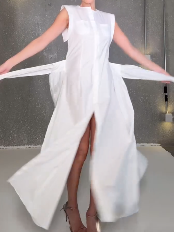 Olivia Bennet | Cap Sleeve Loose Buttoned Solid Color Split-Side Tied Waist Maxi Dresses Shirt Dress