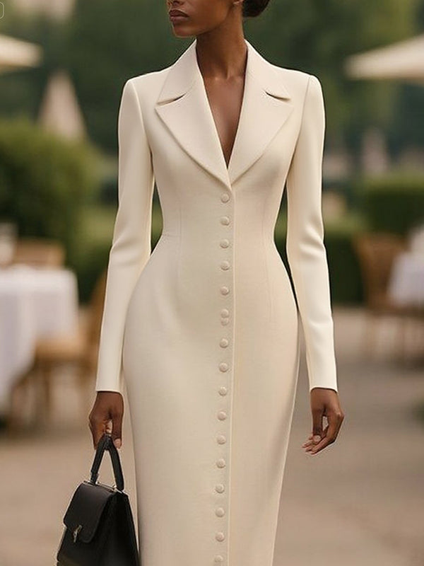 Olivia Bennet | Bodycon Long Sleeves Buttoned Solid Color Notched Collar Midi Dresses Outerwear