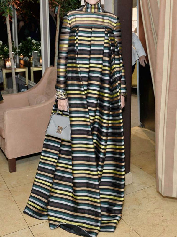 Olivia Bennet | Long Sleeves Loose Multi-Colored Pleated Striped High Neck Maxi Dresses