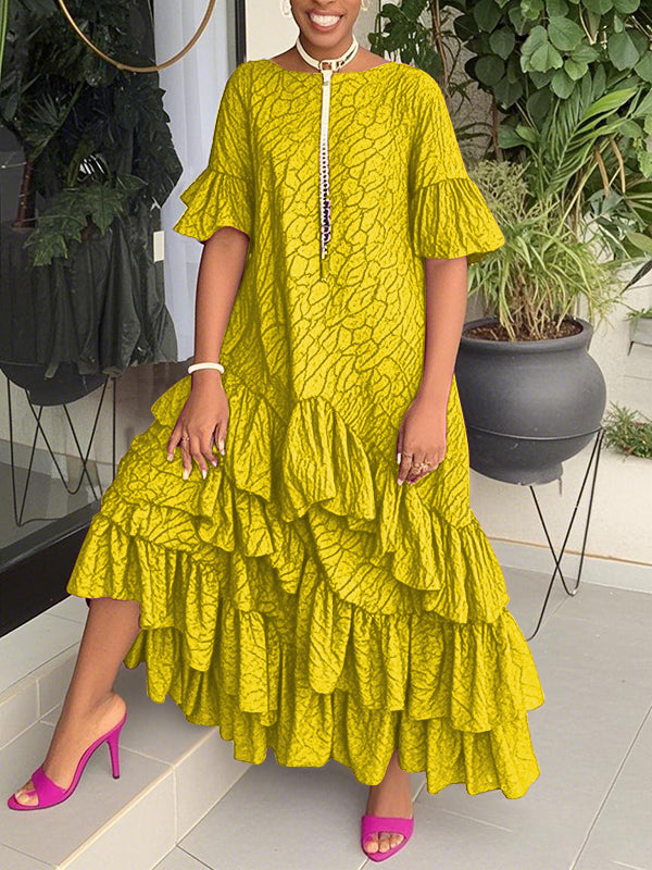 Olivia Bennet | Flared Sleeves Half Sleeves Asymmetric Layered Pleated Printed Ruffle Trim Round-Neck Maxi Dresses