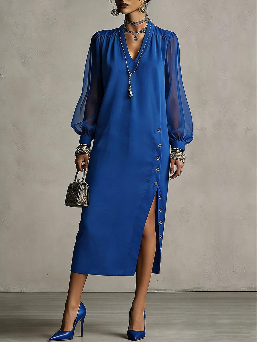 Olivia Bennet | Long Sleeves Puff Sleeves Buttoned Pleated Pockets Solid Color Split-Side V-Neck Midi Dresses